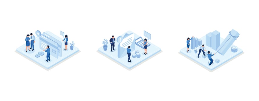 Characters having financial problems, debts and loans. People holding long bill, reading letter from collection agency and carrying debt, set isometric vector illustration