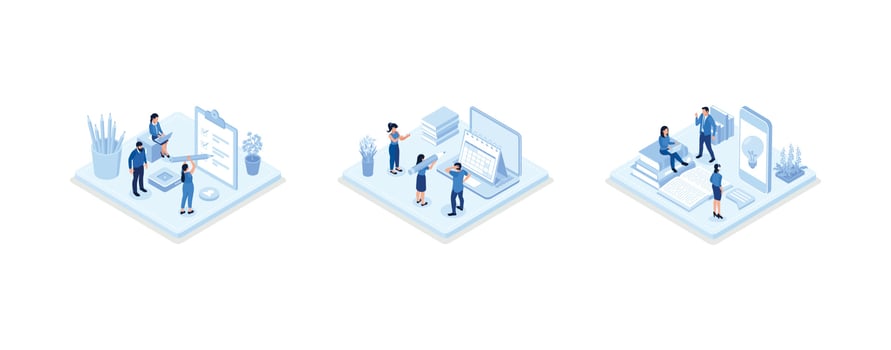 Characters writing notes and putting stickers on calendar, filling to do list and creative diary. Daily planning concept, set isometric vector illustration