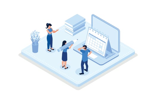 Planning schedule, Characters putting stickers on calendar,  Daily planning concept, isometric vector modern illustration