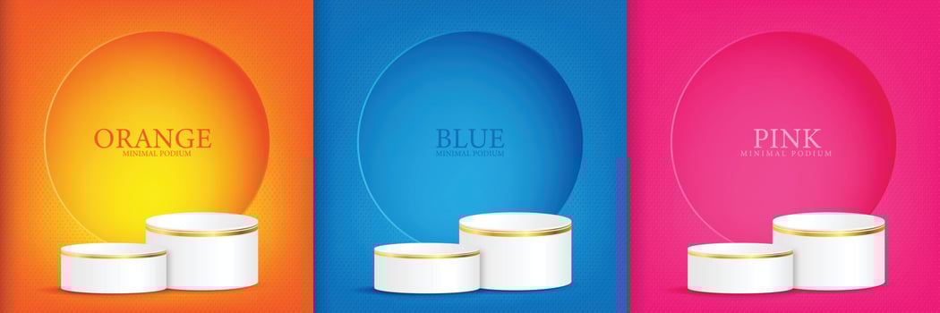 Abstract 3D room set with realistic cylinder plinth on background orange, blue, pink, circular window on the wall. vector geometry Simulated product display, minimal scene, Studio room.