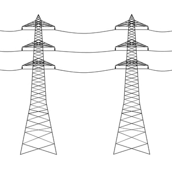 Vector of two towers supplying electricity to town and village. Black high mast with long wires on a white background. Great for supplying power supply logos.