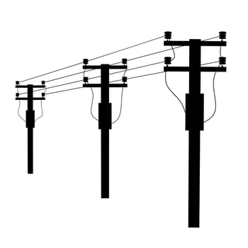 Rows of electric poles on the side of the road. Pillars of high voltage lines on a white background. Great for electric shock hazard logos. Vector illustration