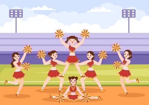 Cheerleader Girl with Pompoms of Dancing and Jumping to Support Team Sport During Competition on Flat Cartoon Hand Drawn Templates Illustration vector