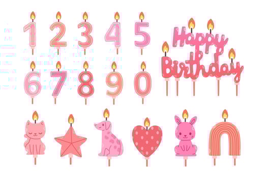 Girl birthday candles set in pink colors, number candles, different shapes, isolated on white, EPS10 vector illustration
