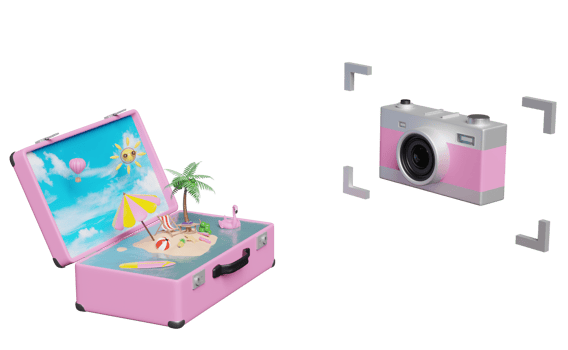 summer travel with pink silver camera, suitcase, beach chair, island, camera, umbrella, Inflatable flamingo, coconut tree isolated. concept 3d illustration or 3d render png