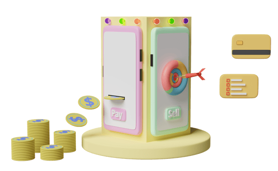mobile phone or smartphone on podium with store front, coins, credit card, target, darts isolated. pay or buy saving money concept, 3d illustration or 3d render png