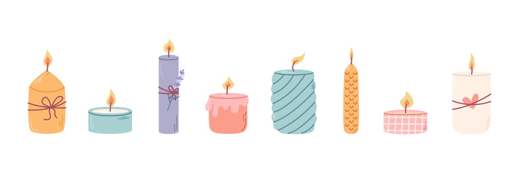 Set of different decorative scented candles in candlesticks for relaxation and spa. Vector flat illustration