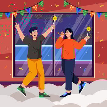 Couple Celebrating New Year with Fireworks at Home vector