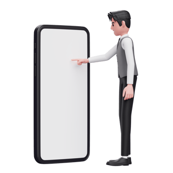 businessman in gray office vest touching phone screen with index finger, 3d illustration of businessman using phone png