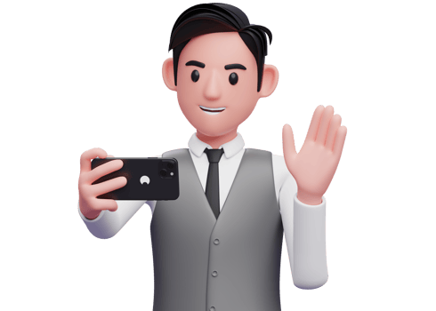 close up of businessman in gray office vest vlogging at the office, 3d illustration of businessman using phone png