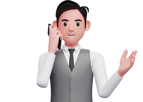 close up of businessman in gray office vest talking on phone while opening hands with gesture demonstrating, 3d illustration of businessman using phone png