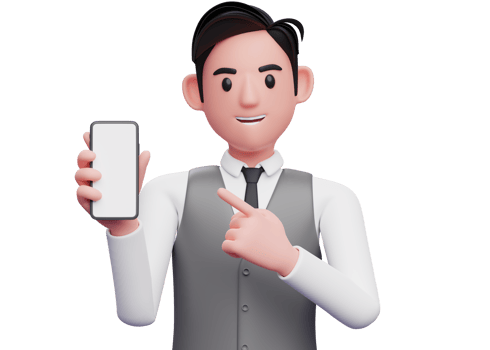 close up of businessman in gray office vest pointing cell phone with index finger, 3d illustration of businessman using phone png