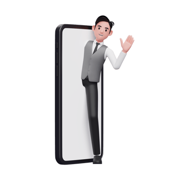 businessman in gray office vest appears from the phone screen and says hi waving hand, 3d illustration of businessman using phone png