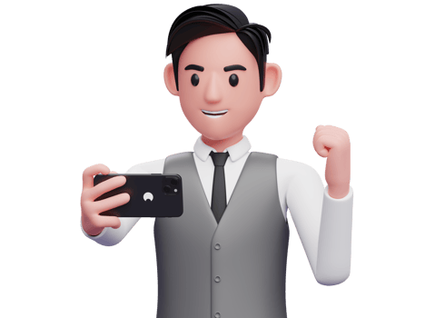 close up of businessman in gray office vest looking phone screen and celebrating, 3d illustration of businessman using phone png
