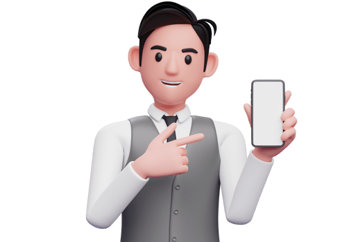 close up of businessman in gray office vest holding and pointing to phone screen, 3d illustration of businessman using phone png