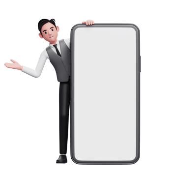 businessman in gray office vest emerges from behind big phone with open hands, 3d illustration of businessman using phone png