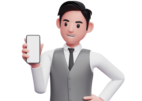 close up of businessman in gray office vest holding and looking to the phone and left hand on waist, 3d illustration of businessman using phone png