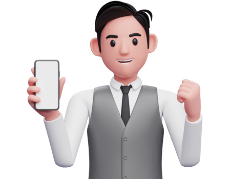 close up of businessman in gray office vest holding phone and celebrating, 3d illustration of businessman using phone png