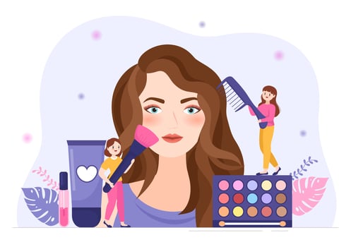 Beauty and Make up School with Cosmetic Products to Study and Beautiful Girls Applying Makeup in Flat Cartoon Hand Drawn Templates Illustration vector