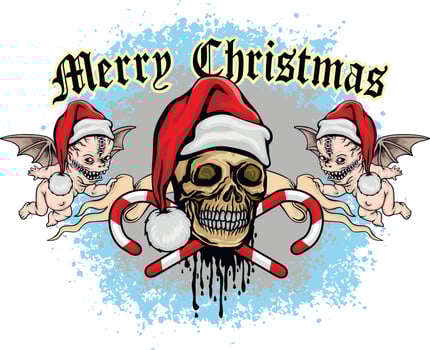 Xmas sign with skull in christmas hat and ugly angels, grunge vintage design t shirts vector