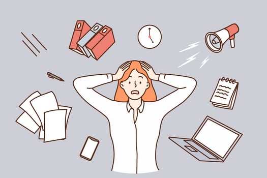 Stress, burnout, feeling tired concept. Young stressed woman worker cartoon character standing touching head with flying things duties around vector illustration