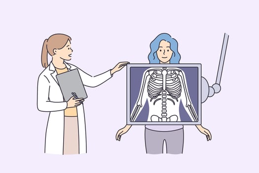 Radiology and body scan in medicine concept. Woman patient cartoon character standing behind x-ray and making examination of chest with doctor practitioner vector illustration