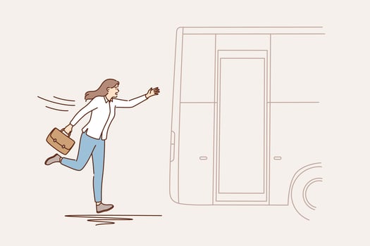 Lateness and lack of time concept. Business woman cartoon character running trying to catch leaving bus outdoors vector illustration