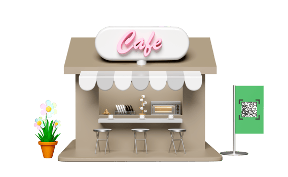 3d store front sign, coffee shop  with chair,qr code scanning, flower pot isolated. online shopping concept, 3d illustration render png