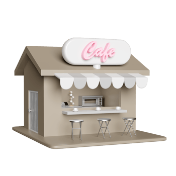 3d store front sign, coffee shop with chair, electric oven, cup drying rack isolated. online shopping concept, 3d illustration render png