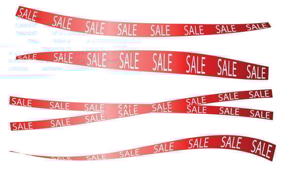 A set of different red ribbon banners with the inscription SALE, on a white and transparent background. Blanks, template for advertising, for leaflets, flyers, for online stores vector