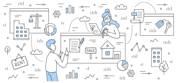 Real estate agency doodle concept, realtors work vector