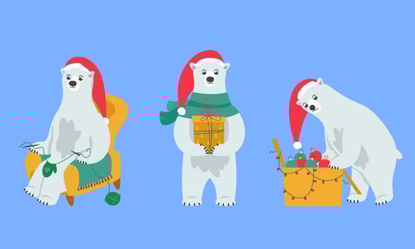 Polar bear in different poses. Cute Christmas character. vector