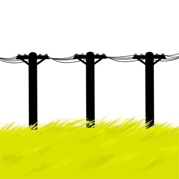 Vector row of power poles with dry grass. The power supply line is installed on the hill. Isolated on a white background. Great for logos about the supplying power industry.