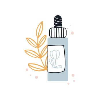 Natural cosmetic from organic plants. Couple of green leaves and bottle. vector