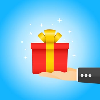 Hand-holding red gift box on blue background. Gift Voucher for customer VIP. Gift box surprise. vector