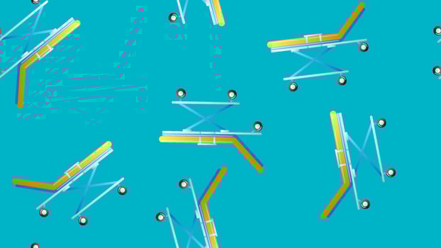 Endless seamless pattern of medical scientific medical items hospital wheelchairs beds with wheels on a blue background. Vector illustration