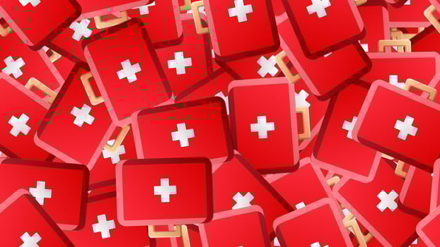 Endless seamless pattern of medical scientific medical items of first aid pharmacies on a red background. Vector illustration