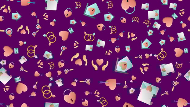 Endless seamless pattern of beautiful festive love joyful tender sets of heart objects with magnifying glasses houses arrows and letters on a purple background. Vector illustration