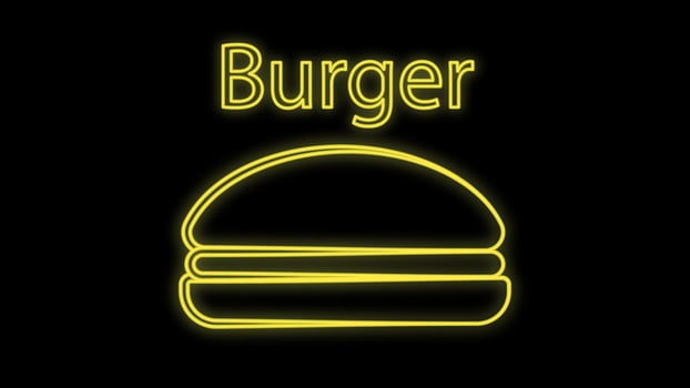 Burger cafe neon sign. Fastfood burger sandwich neon logo, bright banner, design template, night neon advertising for dining restaurant, street food. Vector Illustrations. Editing text neon sign