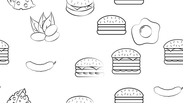 Black and white endless seamless pattern of a set of food items and snacks icons for a restaurant bar cafe burger, pistachios, egg, cheese, cucumber. The background vector
