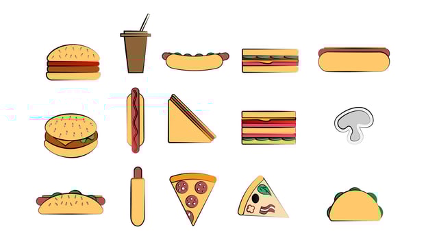 Set of 15 icons of items of delicious food and snacks for a cafe bar restaurant on a white background burger, hot dog, sandwich, pizza, burrito, drink vector