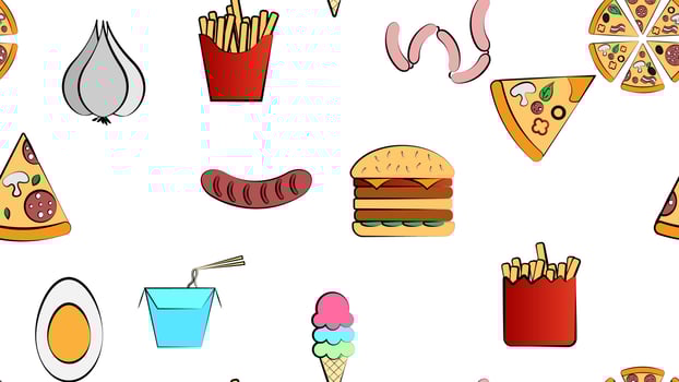 Endless white seamless pattern from a set of icons of delicious food and snacks items for a restaurant bar cafe burger, pizza, fries, ice cream, soda, noodles, sausage, garlic. The background vector