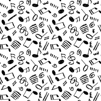 Vector seamless black and white hand-drawn pattern with swirls, stripes, musical notes and treble clef. Grunge music theme minimalistic backdrop.