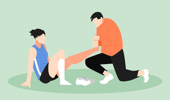 female athlete with leg injury. treated by medical personnel. sports concept, warm up, injury, incident, etc. flat vector illustration