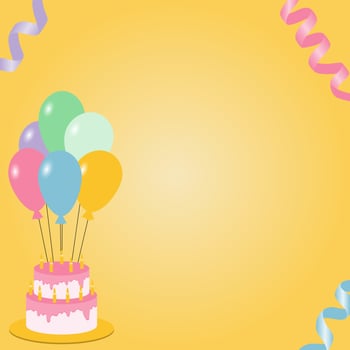 Vector illustration. Happy birthday card with balloons, cake and streamer.eps