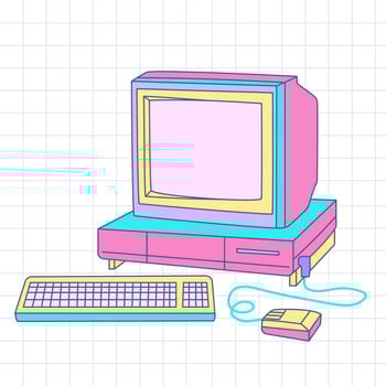 Retrowave y2k pc. An old computer with a CRT monitor on a grid background vector