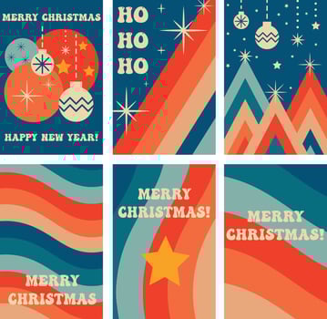 Set of Retro groovy Christmas greeting cards vector