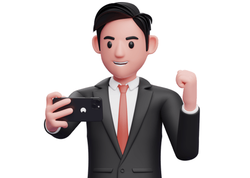 close up of businessman in black formal suit looking phone screen and celebrating, 3d illustration of businessman using phone png