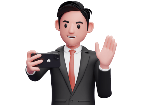 close up of businessman in black formal suit make a video call waving hand say hello, 3d illustration of businessman using phone png