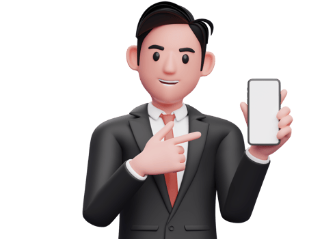 close up of businessman in black formal suit holding and pointing to phone screen, 3d illustration of businessman using phone png